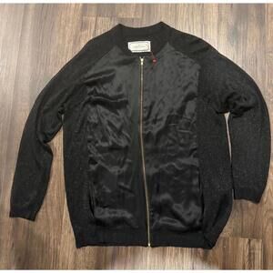 By Malene Birger Silk/Knit Blend Black Zip-Up Bomber with Knit Sleeves sz XS